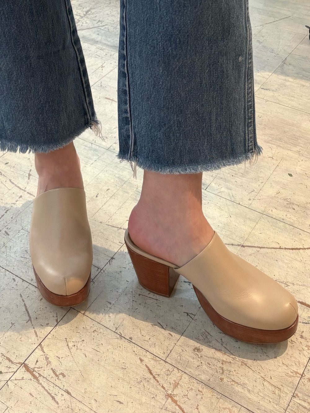 FORTRESS OF INCA Beige Leather Platform Mules with Wood Block Heel
